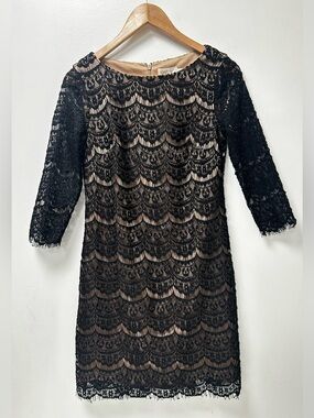 Eliza J Black Lace Cocktail Dress Size 4 Nude Lining 3/4 Sleeve Sheath